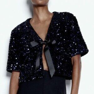 H&M Holiday LIMITED Edition Blue Sequined Blouse Shrug Sweater Top Sparkle